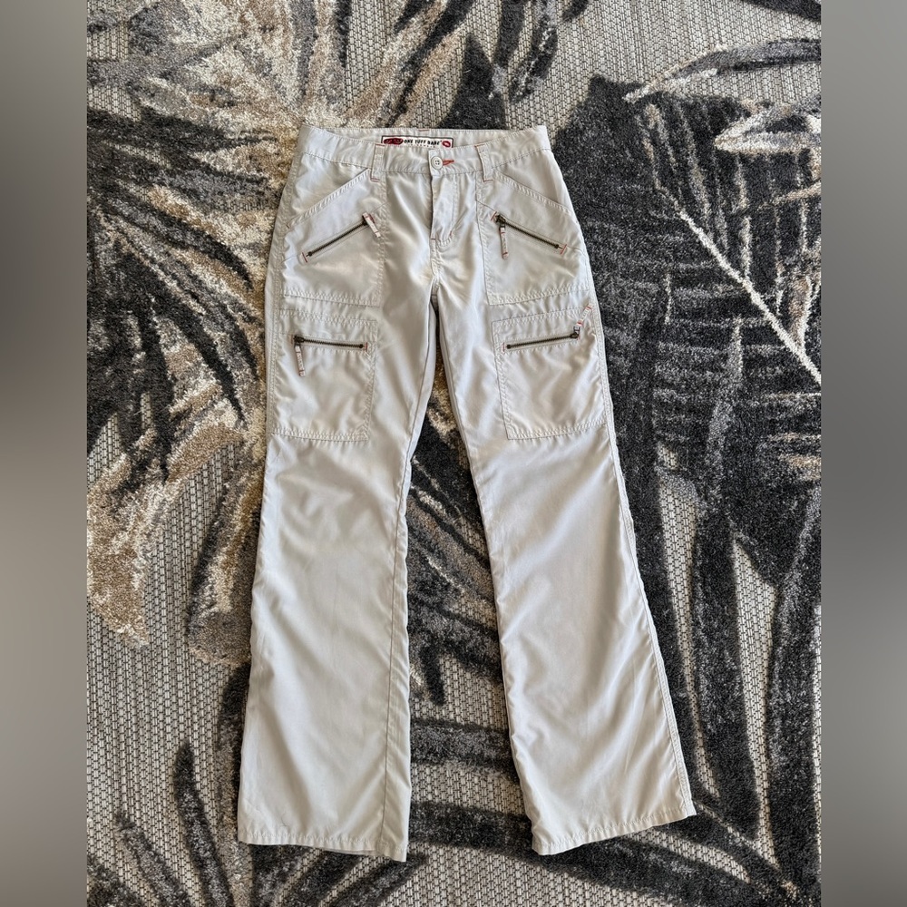 Y2K Women’s Cargo Pants Size 5 6 X 31 One Tuff Babe Zipper Tan mid Rise Bootcut